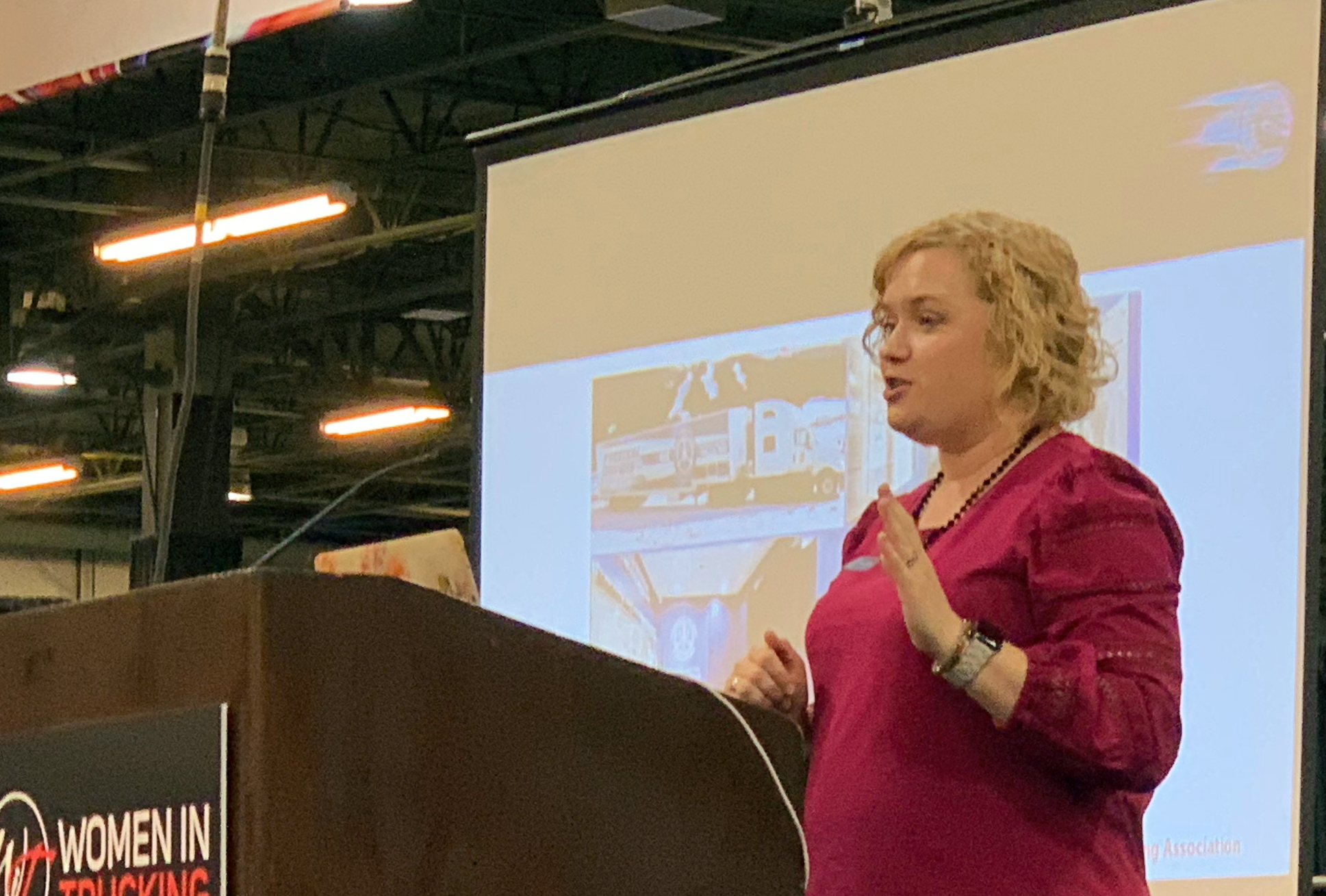Laura Cyrus of Truckers Against Trafficking talks Tuesday during Women In Trucking Association's 2022 Accelerate! Conference and Expo.